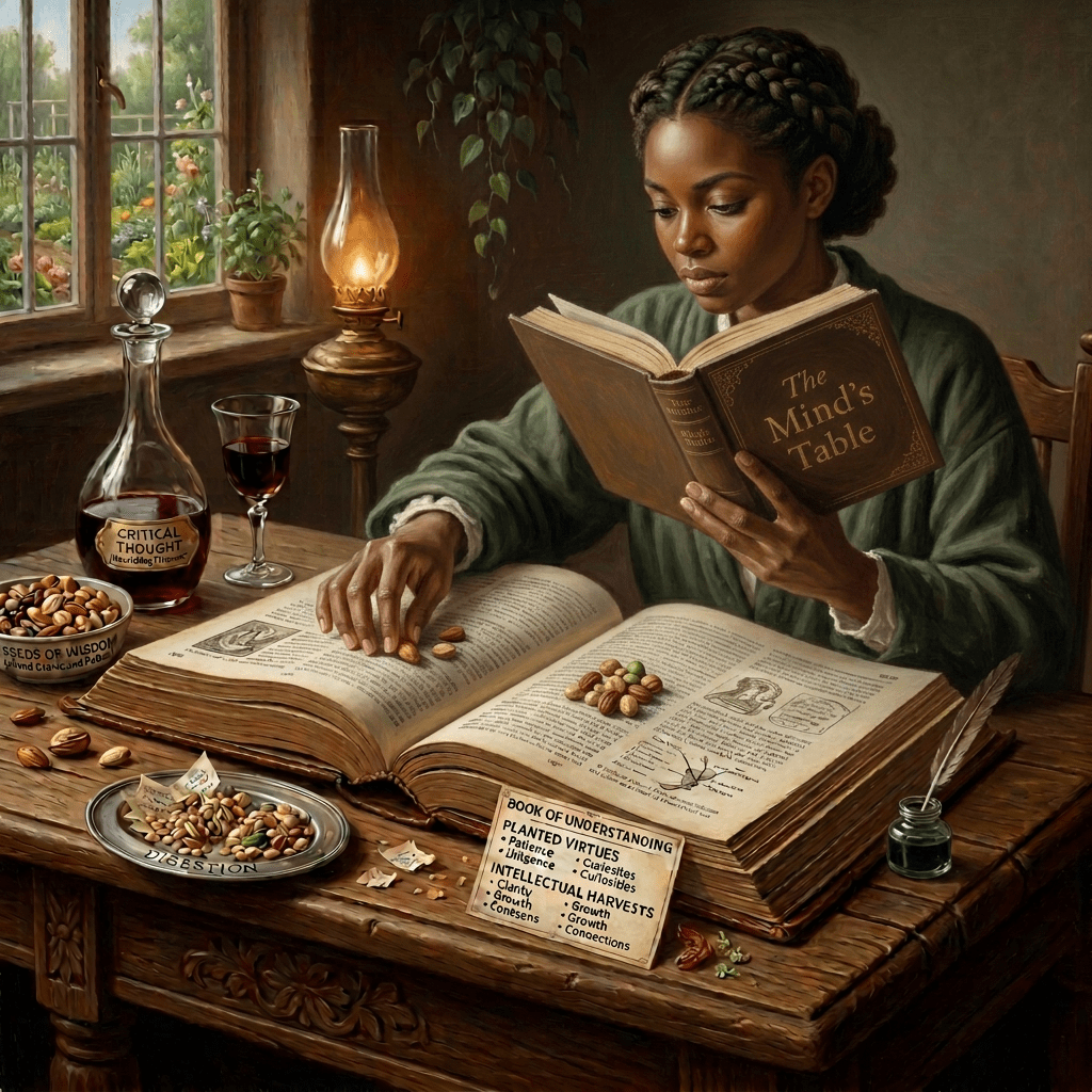Scholar dining over book labeled The Book of Understanding, with Critical Thought, Assimilation, and Digestion